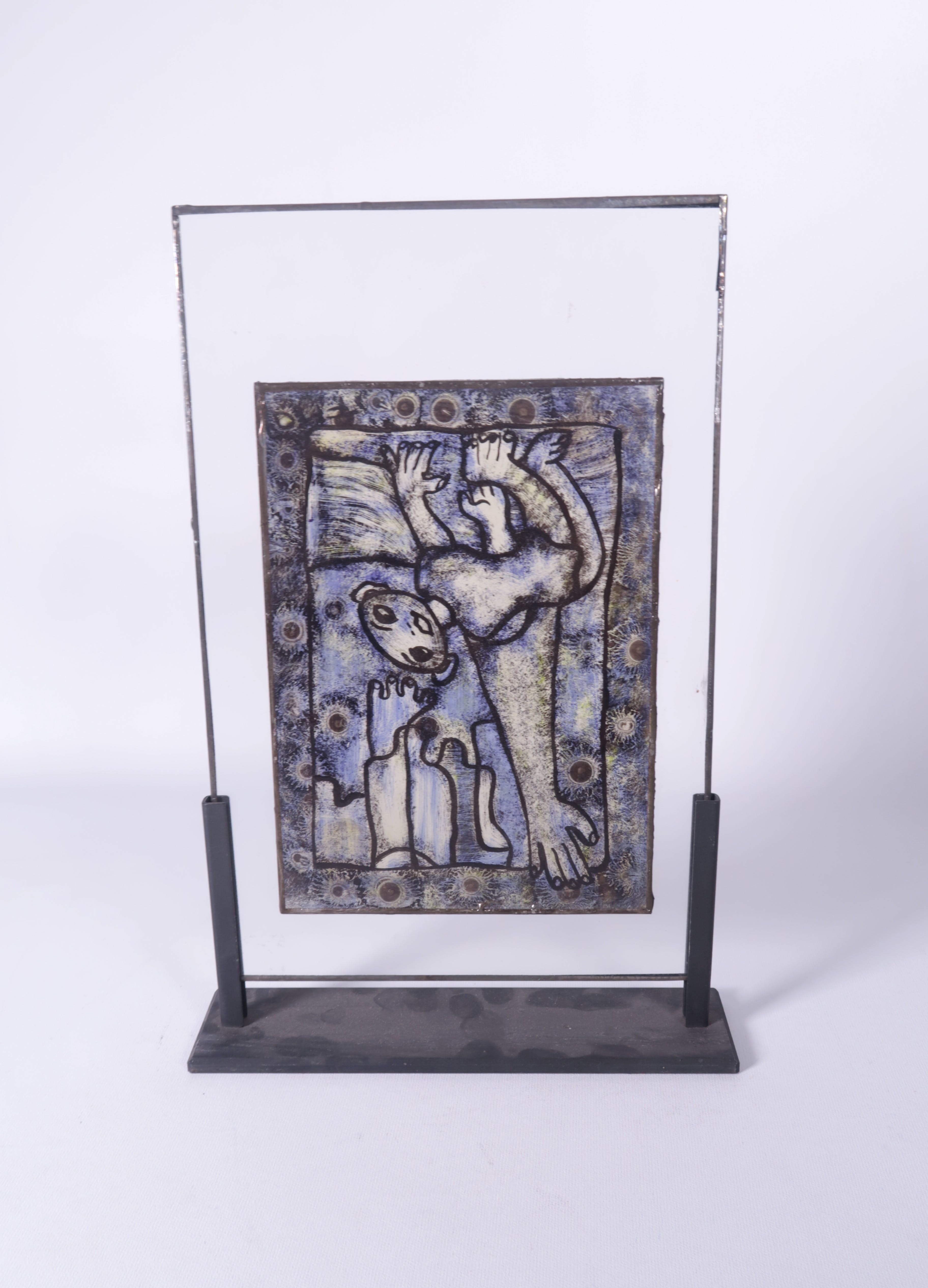 Franca Muller Jabusch - Beschilderd glas voorzien van loden omlijsting met ijzeren houder verkocht voor € 50!