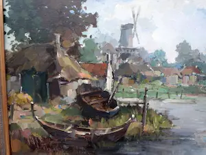 Harry Zeegers - Poldergezicht met bootjes en Molen - Harry Zeegers kopen? Bied vanaf 95!