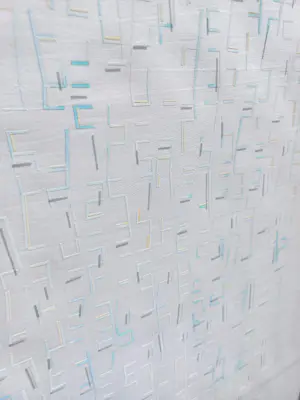 Helene Briels - Geometrisch abstract, geverfd textiel achter bewerkt glas (netjes ingelijst) kopen? Bied vanaf 1!