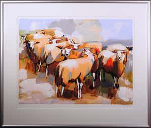 Gerda Elfring - Zeefdruk, Kudde schapen - Ingelijst (Groot) verkocht voor € 70!