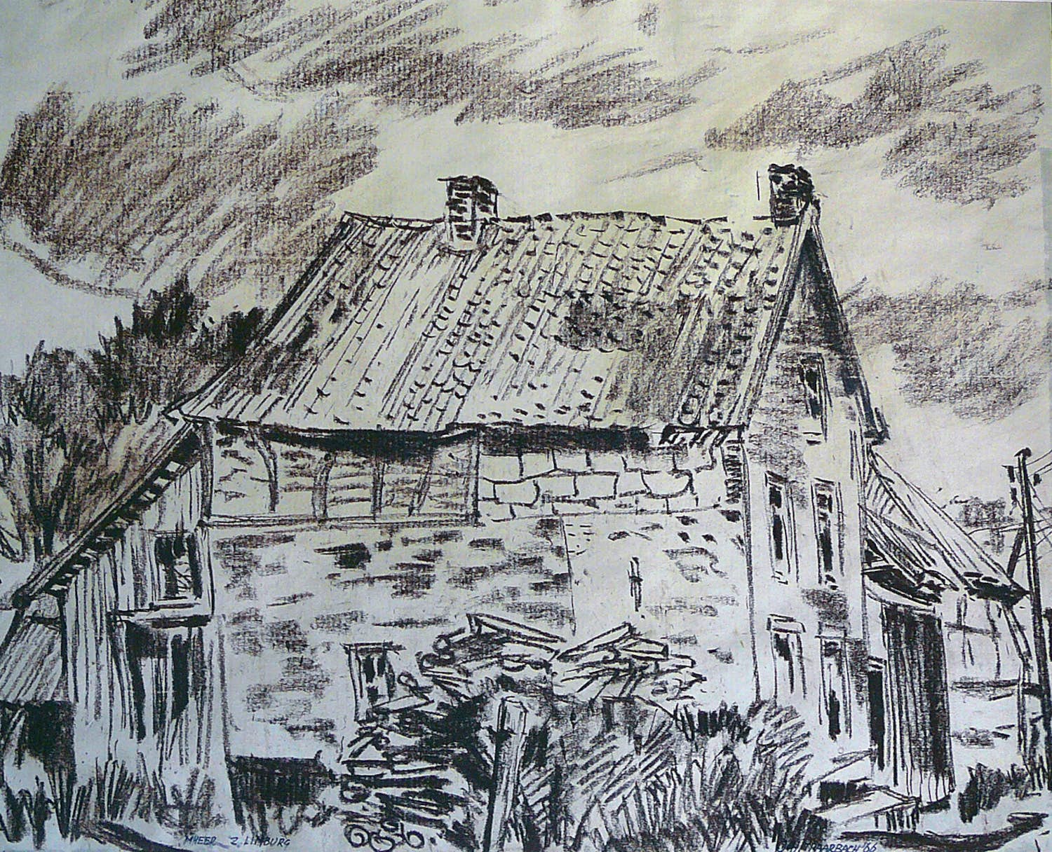 Johan Traarbach - Mheer Zuid Limburg -krijttekening 1966- verkocht voor € 50!