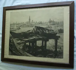 Toon Pluymers - Ingelijste ets , Gezicht op Antwerpen – Lijst, 56 x 71 cm. kopen? Bied vanaf 1!