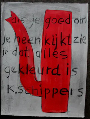 Klaas Gubbels - Gemengde techniek op papier: rode kan (groot!) kopen? Bied vanaf 1850!