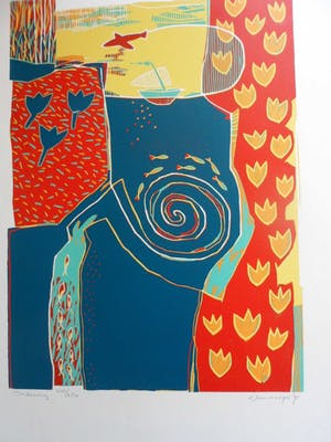 Diana van Hal - gesigneerde linosnede , Titel, "Onderweg". kopen? Bied vanaf 35!