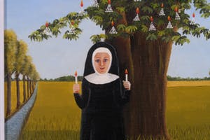 Mieke Hoogendorp - Olieverf op doek, Landschap met non voor boom - Ingelijst kopen? Bied vanaf 100!