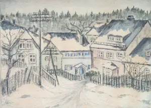 Ernst Kiefer - 1930s AQUAREL SCHILDERIJ 1898-1967 ONDERGESNEEUWD DORP GESIGNEERD INGELIJST kopen? Bied vanaf 45!