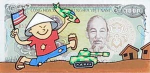 PNSHR - Twee met gouache beschilderde bankbiljetten, I will pay you back & Viet no - Ingelijst kopen? Bied vanaf 1!