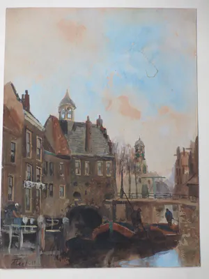 Adriaan Terhell - Hollandse stad met schippers in gracht - Aquarel kopen? Bied vanaf 40!