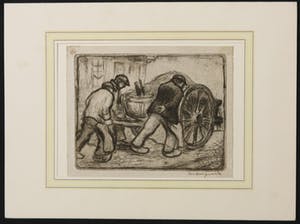 Niet of onleesbaar gesigneerd - Ets, Z.T. Mannen met kar kopen? Bied vanaf 10!