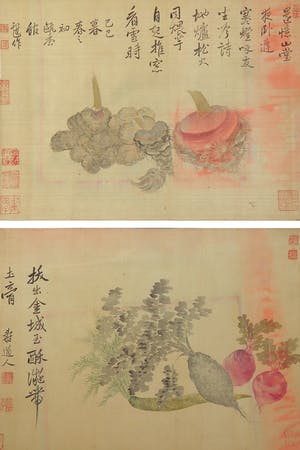 Niet of onleesbaar gesigneerd - Waterverf op zijde, Lot van twee penseeltekeningen kopen? Bied vanaf 1!