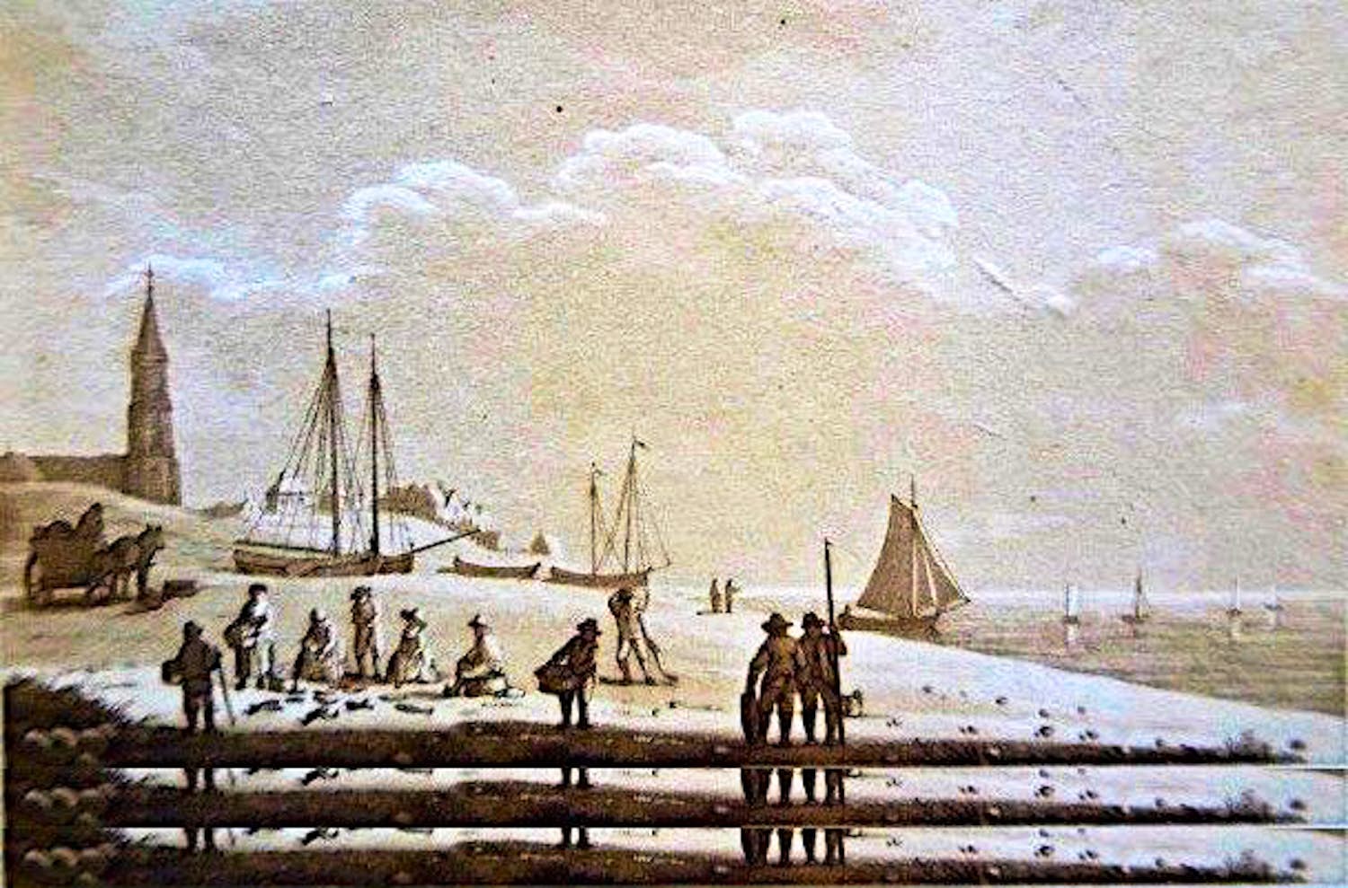 Samuel Ireland - Ets aquatint Scheveningse Strand met Vissers + oude landkaart van Scheveningen kopen? Bied vanaf 29!