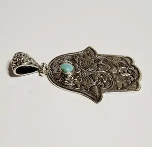 Grote zilveren hanger met turquoise , hand van Fatima kopen? Bied vanaf 45!