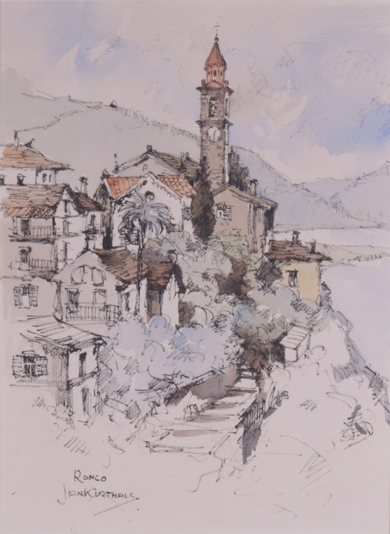 Jan Korthals - Inkttekening en aquarel, Ronco verkocht voor € 75!