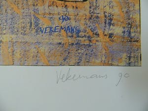 Bruno Vekemans - zeefdruk-- ingelijst-- " wonen is mooi" kopen? Bied vanaf 125!