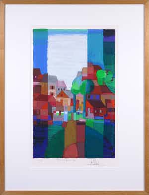 Ton Schulten - Zeefdruk, Dorp in 't groen - Ingelijst verkocht voor € 200!