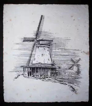 Jan Kaat - Oliemolen "de Os" te Zaandam - zeer grote zeefdruk (1988) op Zaansch Bord papier vendu pour 50€ !