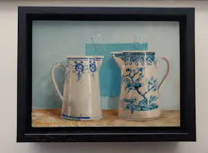 Marian van der Sanden - 2x stilleven oud chinees gemberpotje met sneeuwbesjes en twee kannetjes kopen? Bied vanaf 395!