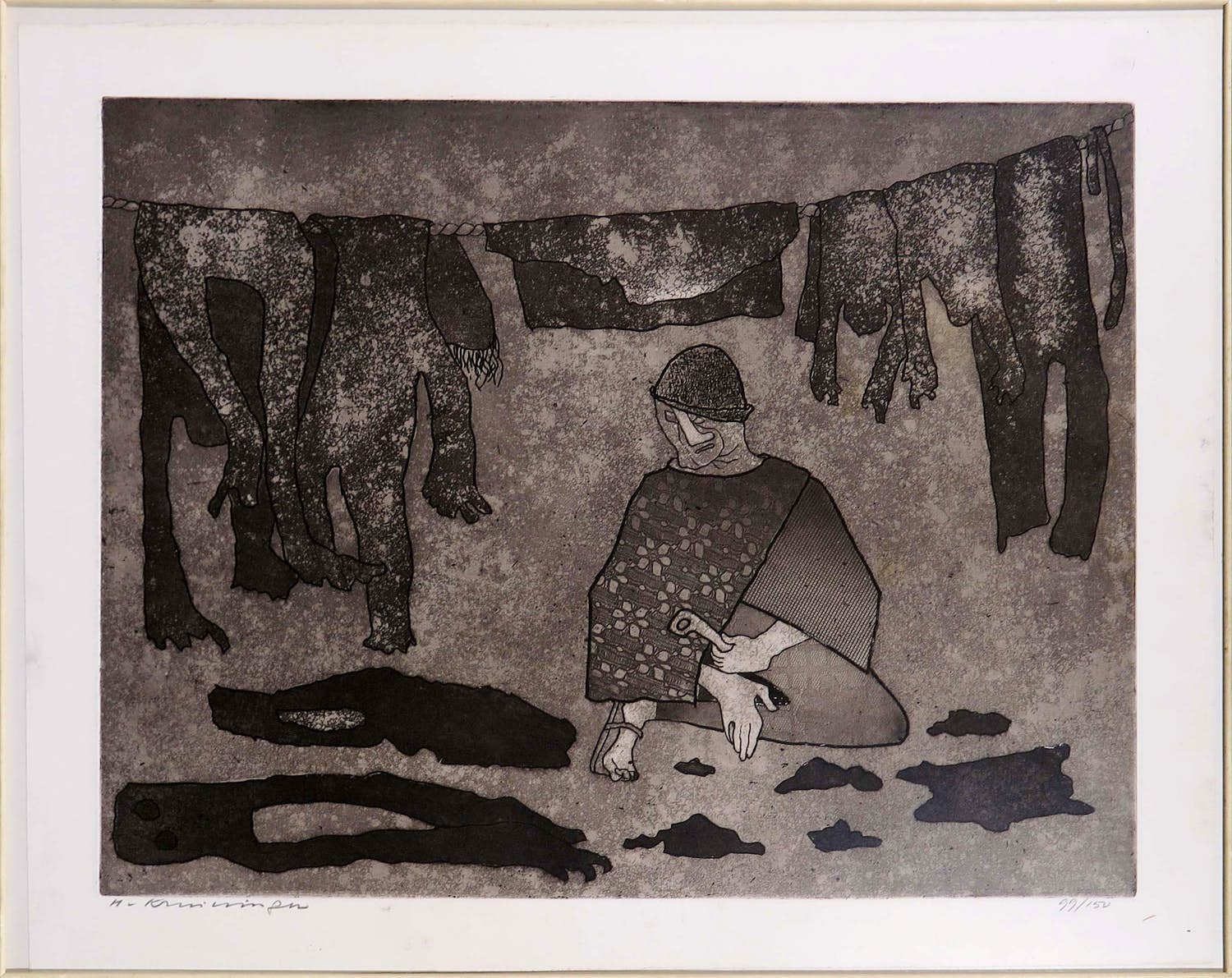 Harry van Kruiningen - Litho, Figuur bij waslijn - Ingelijst verkocht voor € 80!