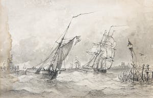 Ludolf Bakhuizen - Inkttekening, Gezicht op schepen kopen? Bied vanaf 1!