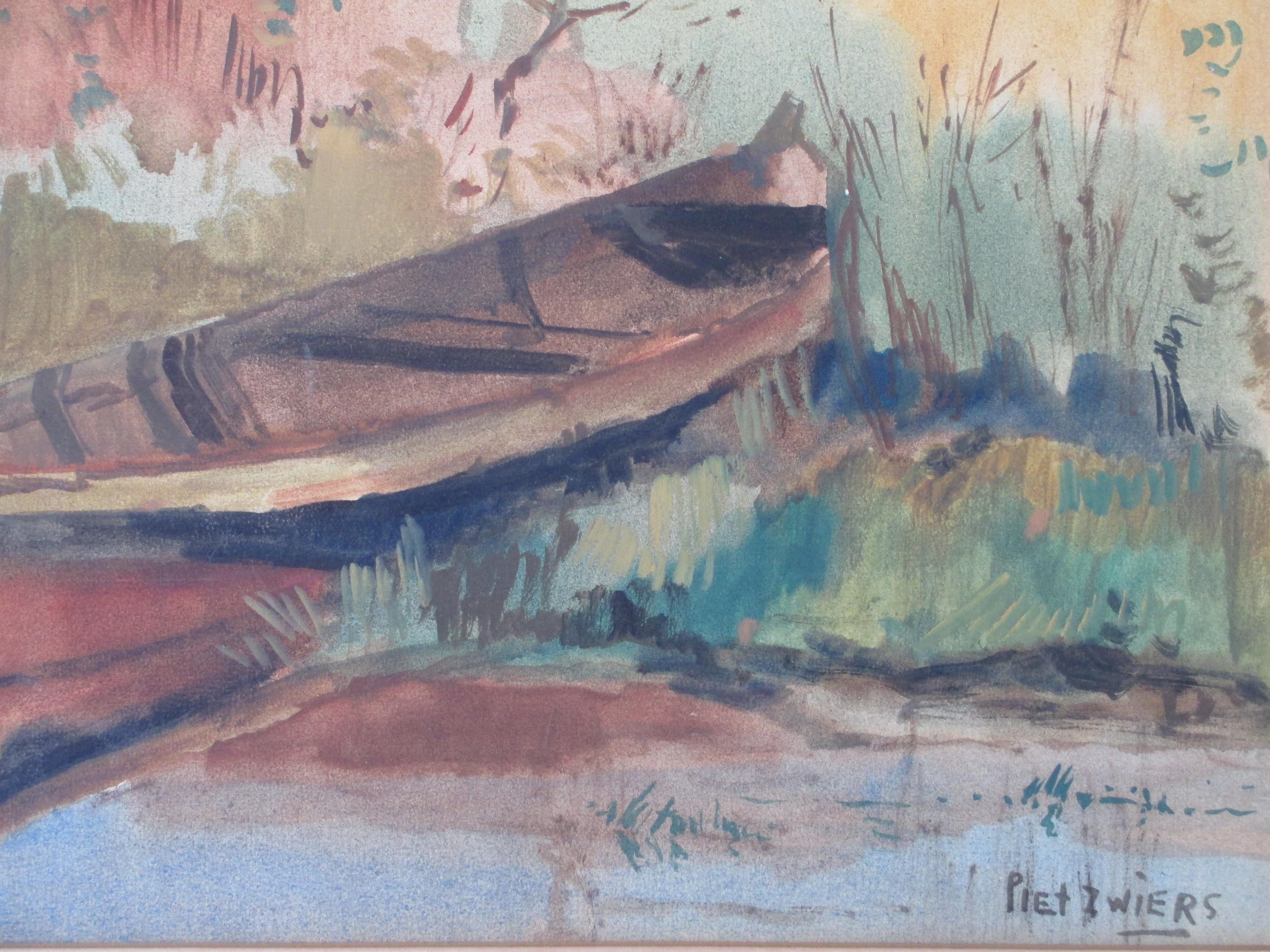 Piet Zwiers - Roeiboot aan slootkant - Gemengde techniek kopen? Bied vanaf 75!
