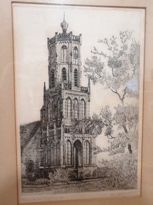 Cor van der Woerd - Toren te Elst (Originele ets) '50 kopen? Bied vanaf 20!