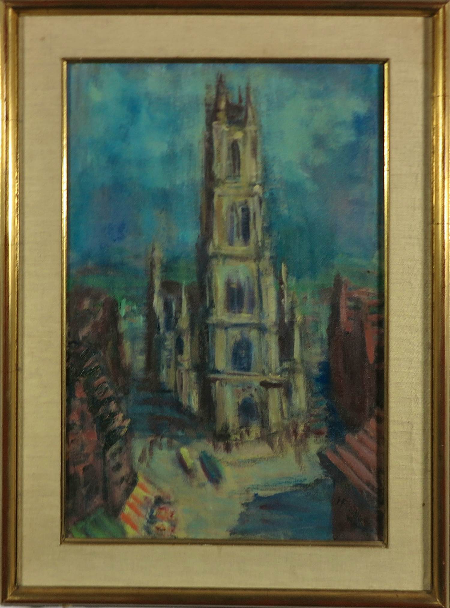 Herbert Fiedler - Olieverf op doek, Toren van Gent - Ingelijst verkocht voor € 200!