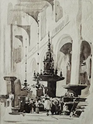 Har Sanders - Originele figuratieve aquarel op papier "kerk interieur" gesigneerd kopen? Bied vanaf 50!