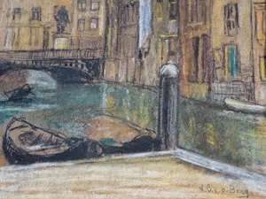 Ans van den Berg - Amsterdamse Joffer - pastel op papier "stadsgezicht met gracht" (den Haag?) kopen? Bied vanaf 88!