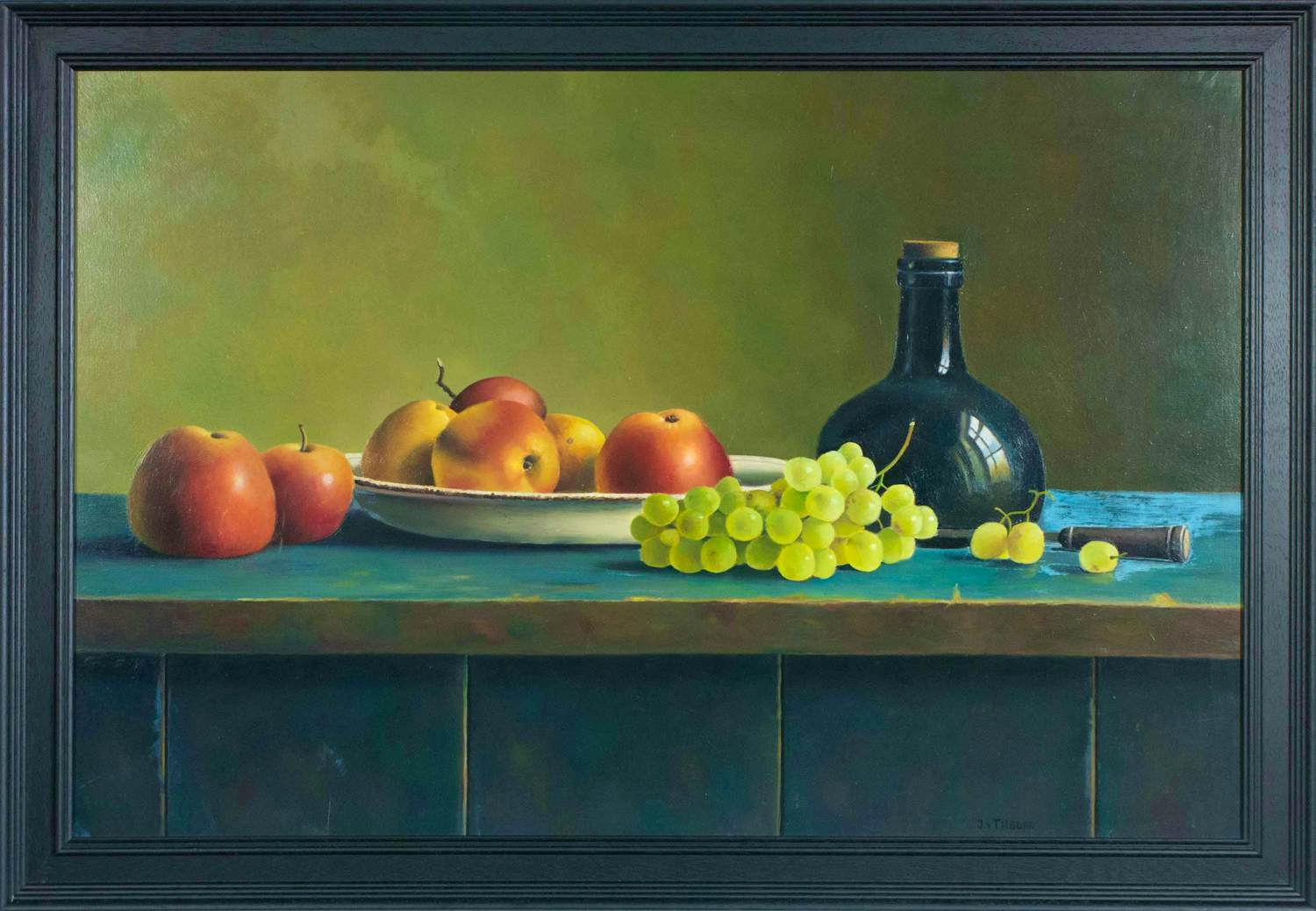 Jan van Tilburg - Olieverf op paneel, Stilleven met appels, fles en druiven - Ingelijst verkocht voor € 400!