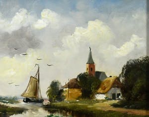Niet of onleesbaar gesigneerd - "Zicht op dorp aan vaart met boerderijen, kerk en zeilschip" - olieverf opdoek kopen? Bied vanaf 10!