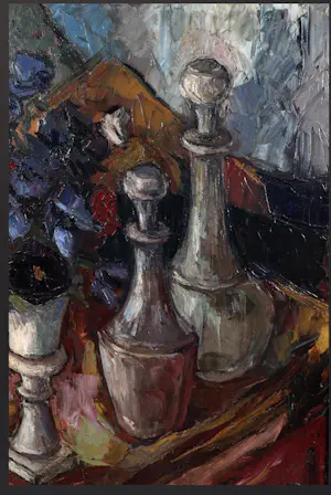 Guus Sundermeijer-Rincker - kleurrijk stilleven met karaffen en bloemen kopen? Bied vanaf 195!