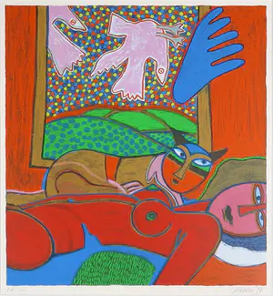 Corneille - Zeefdruk, Vrouwelijk naakt met kat en vogels - Ingelijst kopen? Bied vanaf 250!