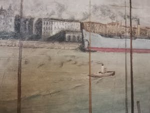 Niet of onleesbaar gesigneerd - Zicht op de jachthaven van Antwerpen met historisch stadscentrum op achtergrond kopen? Bied vanaf 1!