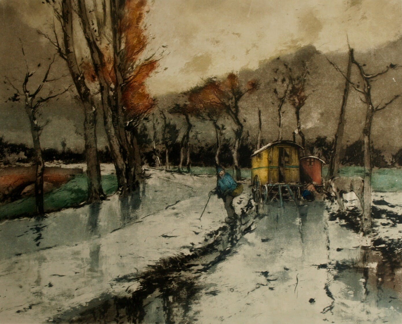 Niet of onleesbaar gesigneerd - kleurenets - Ferdinand Luigini - tafereel met woonwagen langs herfstweg - gesign kopen? Bied vanaf 1!