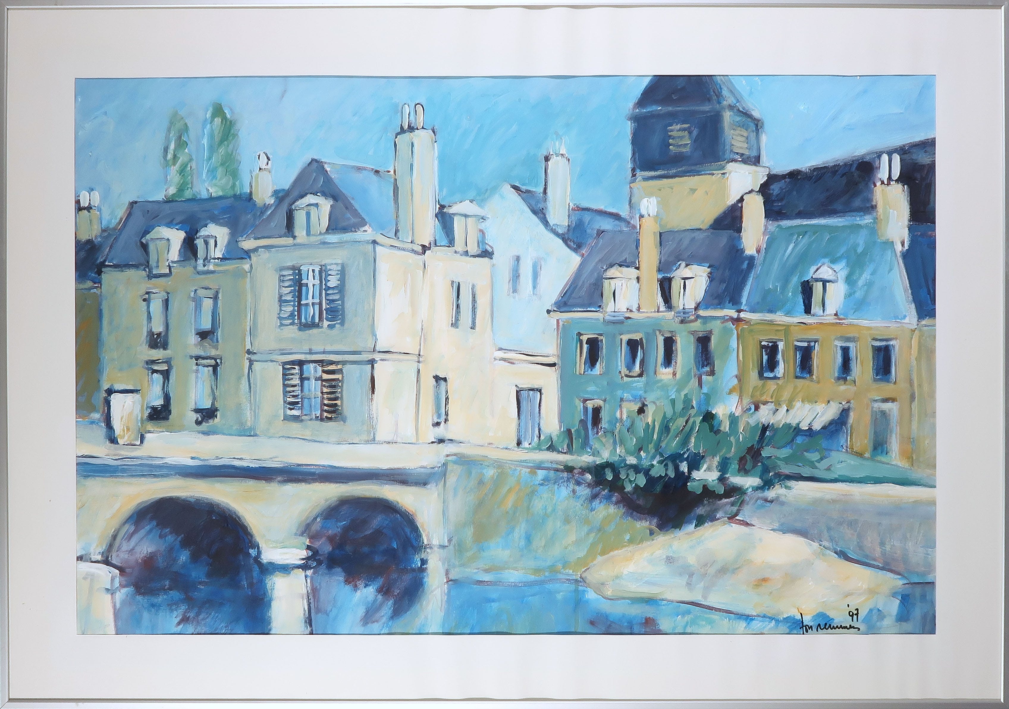 Ton Remmers - Gouache op papier, Stadsgezicht - Ingelijst (Groot) verkocht voor € 40!