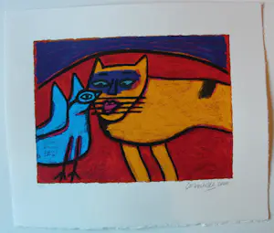 Corneille - Litho: oiseau bleu avec chat jaune - 2000 kopen? Bied vanaf 225!