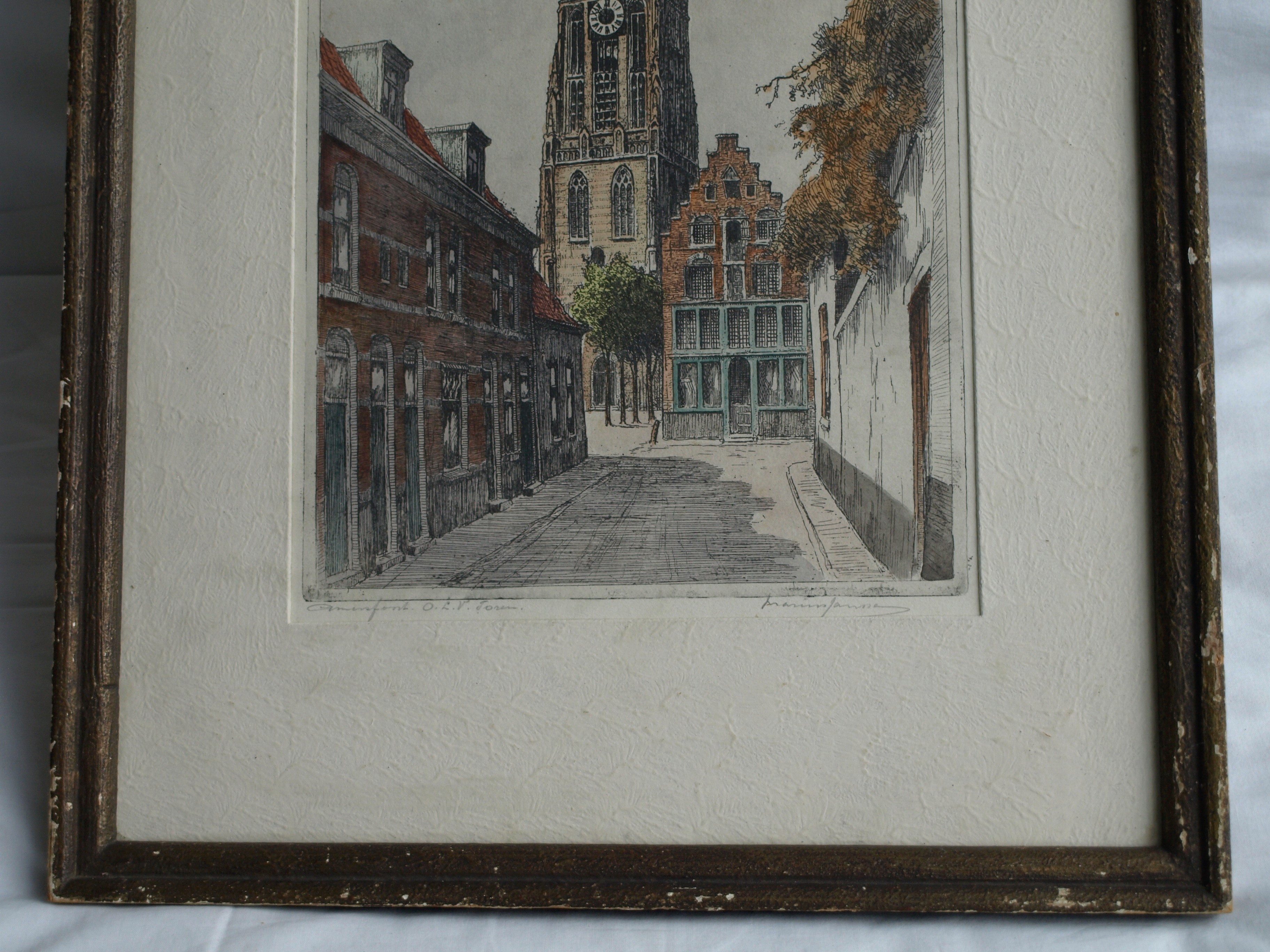 Marius Johannes Janssen - Ets , Onze Lieve Vrouwetoren Amersfoort – Gesigneerd en ingelijst – ca 1935 kopen? Bied vanaf 30!