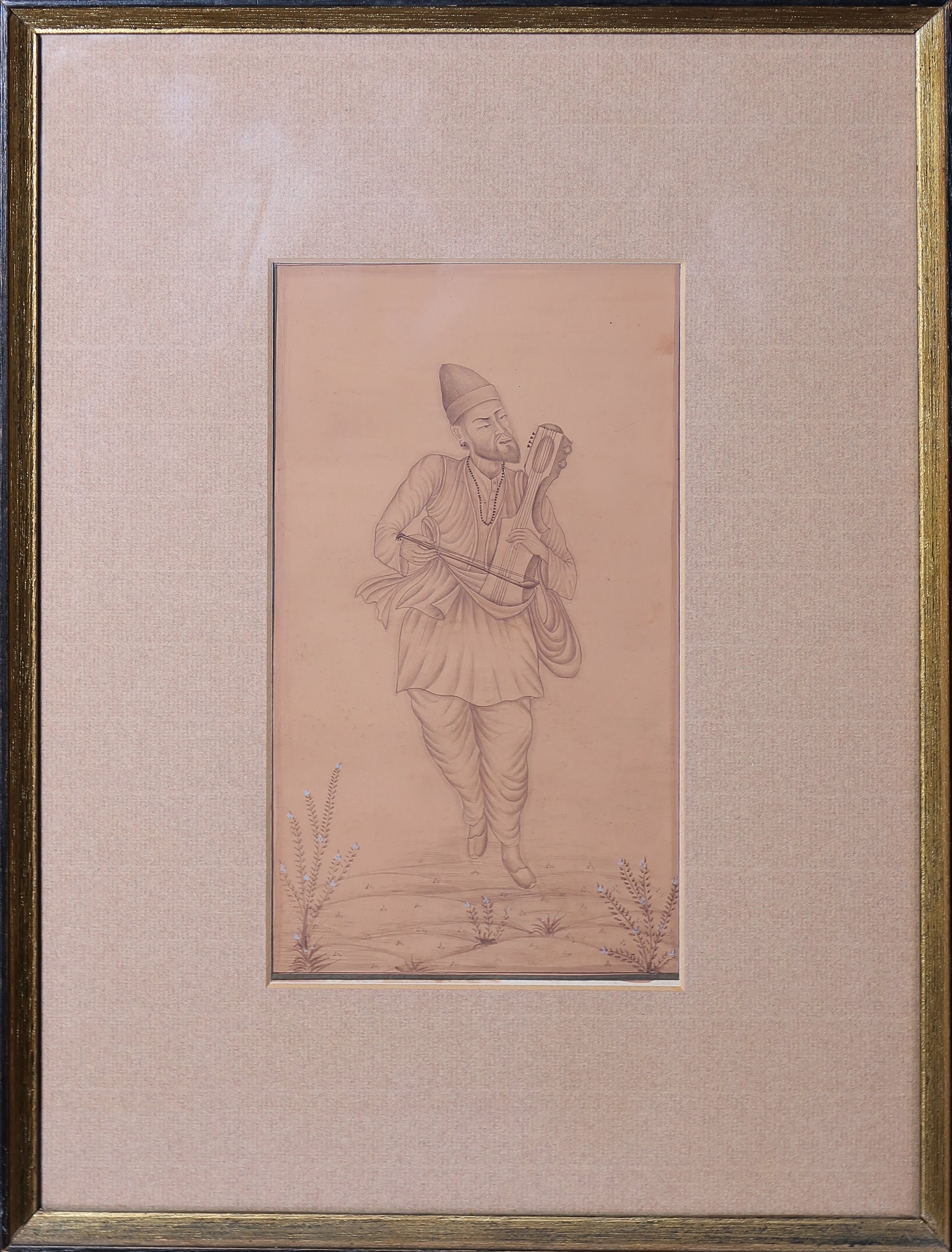 Niet of onleesbaar gesigneerd - Penseeltekening, Perzische muzikant vermoedelijk 18e eeuws - Ingelijst kopen? Bied vanaf 1!