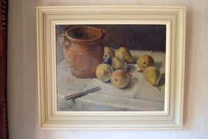 Anthonie Pieter Schotel - Stilleven bruine aarden pot met fruit verkocht voor € 185!