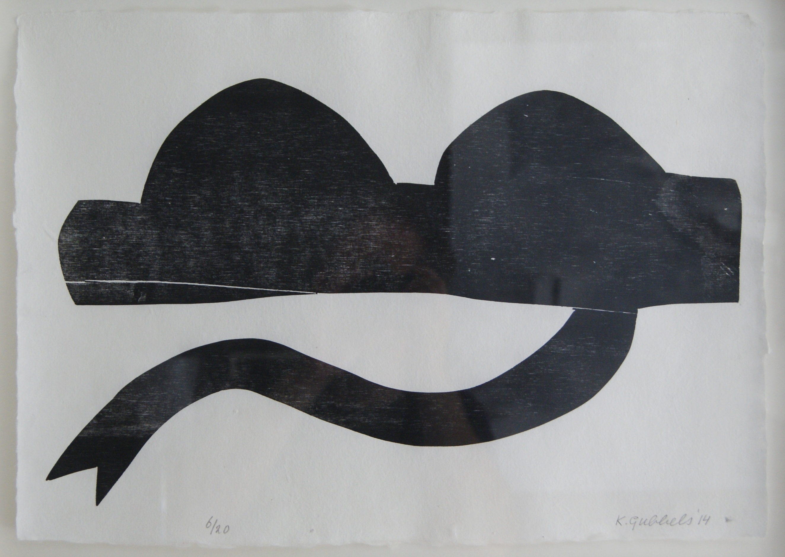 Klaas Gubbels - houtdruk 'liggende kan' ingelijst - 2014 verkocht voor € 375!