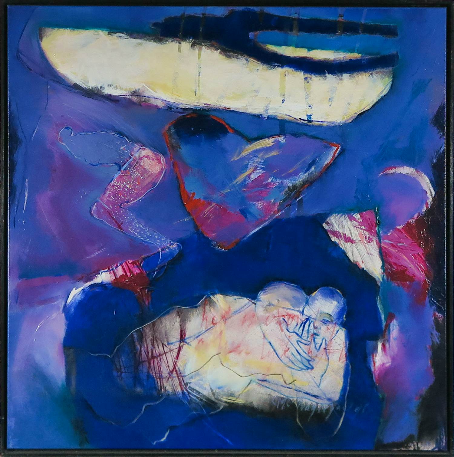 Marjan Nagtegaal - Acryl op doek, Abstracte compositie in blauwtinten - Ingelijst (Groot) verkocht voor € 70!