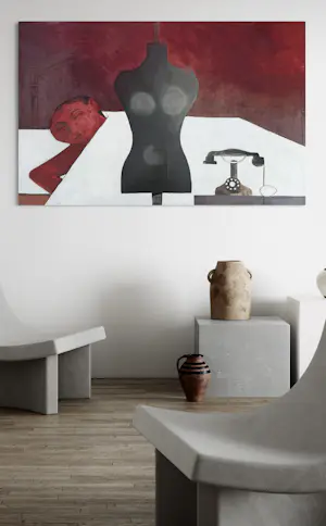 Robert Detheux - Der Schläfer und die Schaufensterpuppe – Großes surrealistisches Gemälde aus dem Jahr 1957 kopen? Bied vanaf 800!