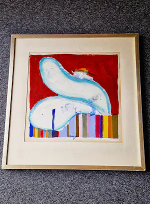 Henk Huig - 1962 - grote gemengde techniek - gespleten tong over schutting - in orig. lijst kopen? Bied vanaf 41!