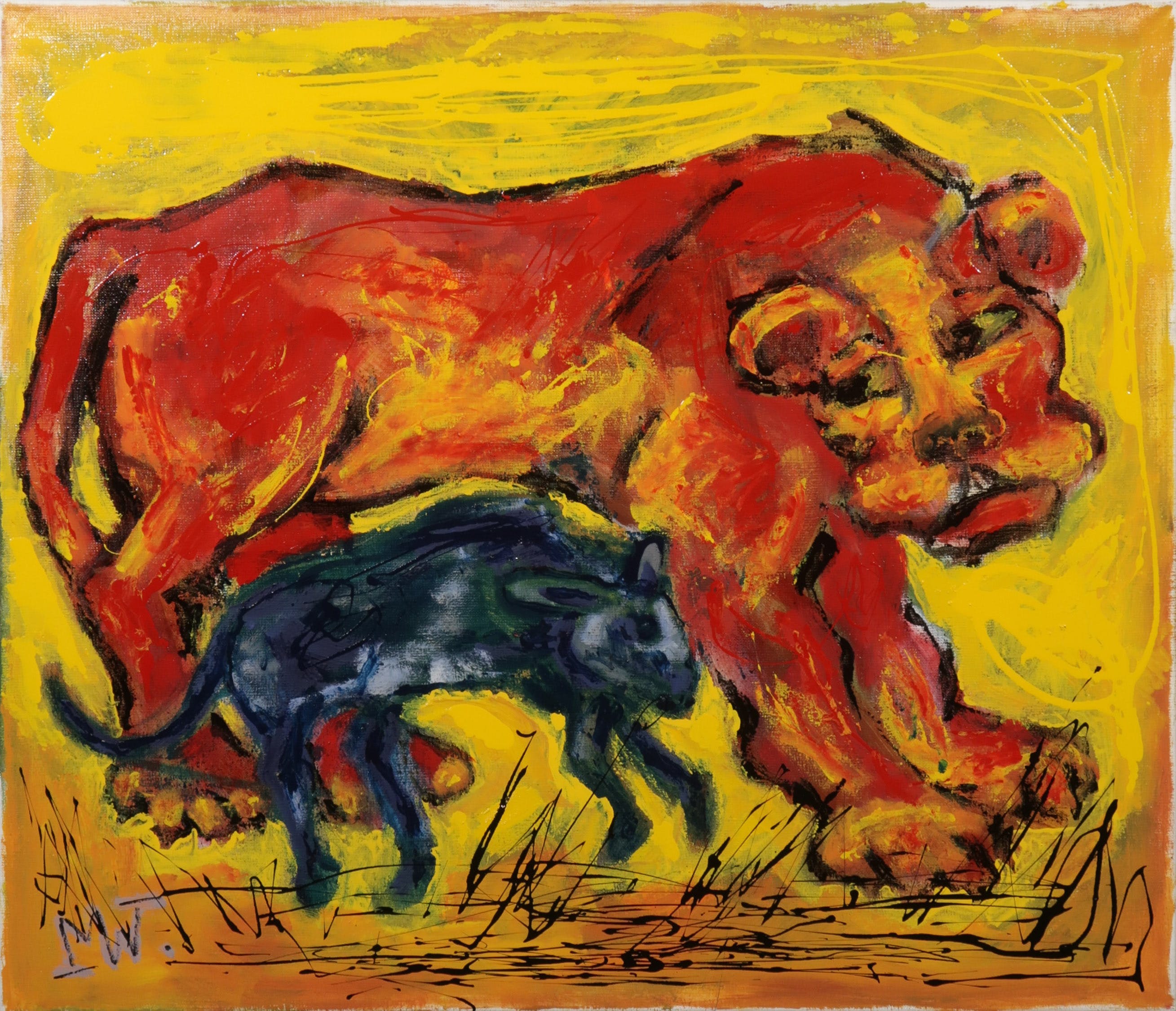 Martin van Wordragen - Olieverf op doek, Leeuwin met rat - Ingelijst kopen? Bied vanaf 380!