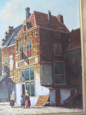 H.J Topman - Olieverfschilderij van een vroeg Hollands straatbeeld met mensen en gebouwen. kopen? Bied vanaf 35!