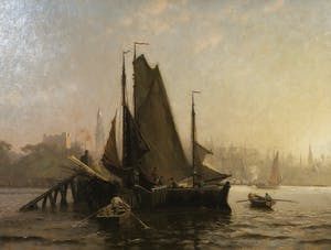 Julius Friedrich Ludwig Runge - Olieverf op doek, Schip in de haven van Hamburg - Ingelijst (groot) kopen? Bied vanaf 700!