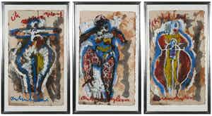 Anton Heyboer - Gemengde techniek op papier, Drieluik Ik geloof & Ik heb lief - Ingelijst verkocht voor € 900!