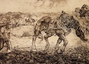 Piet Landkroon - erg vroege (1938) PL droge naald Ets "zwoegende landarbeiders" potloodges. kopen? Bied vanaf 36!