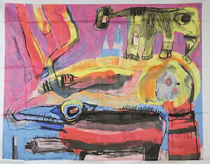 Geert Vrijdag - Hans Landsaat + Theo Kuijpers, Lot van 3 zeefdrukken op katoenzijde (texoprint) kopen? Bied vanaf 50!