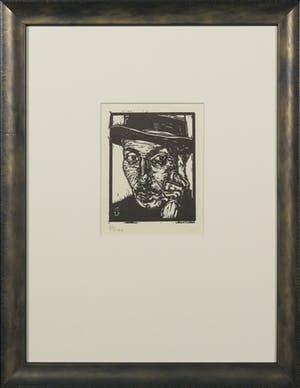 Dick Ket - Linoleumsnede, Zelfportret (met hoed en hand) - Ingelijst kopen? Bied vanaf 35!
